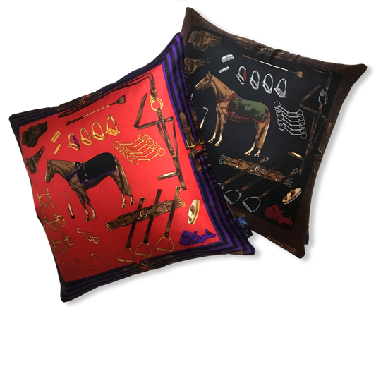 Equestrian Navy Vintage Silk Scarf Pillow 22"