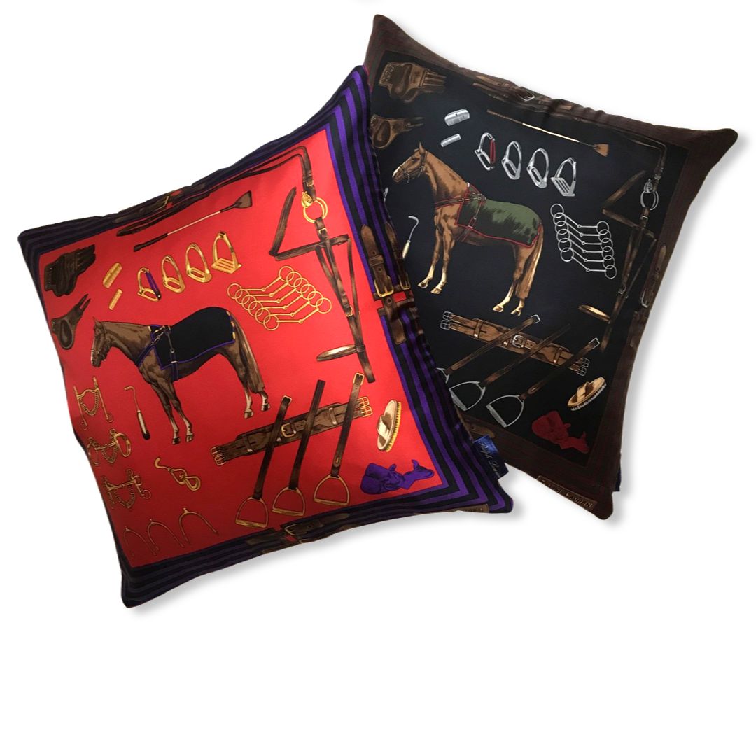 Equestrian Navy Vintage Silk Scarf Pillow 22"