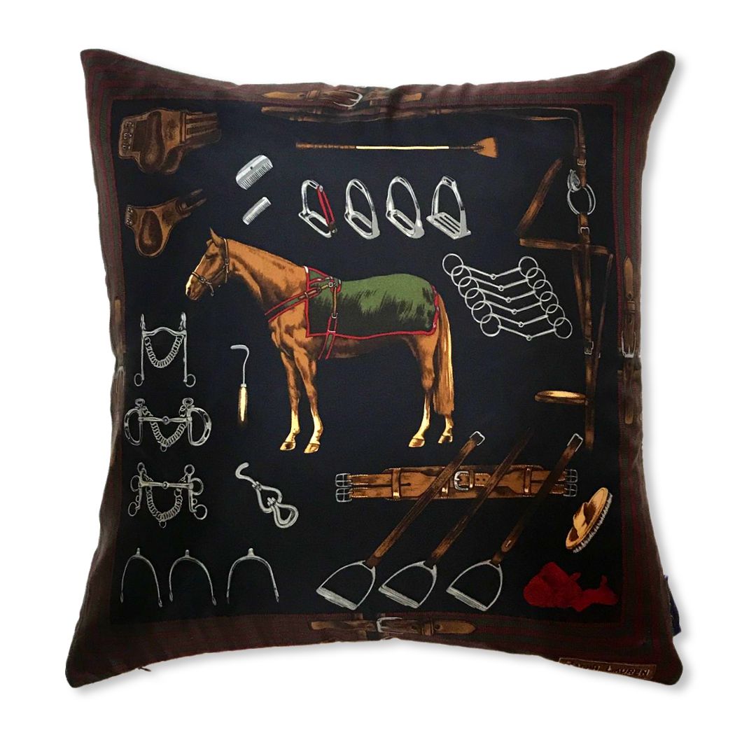 Equestrian Navy Vintage Silk Scarf Pillow 22"