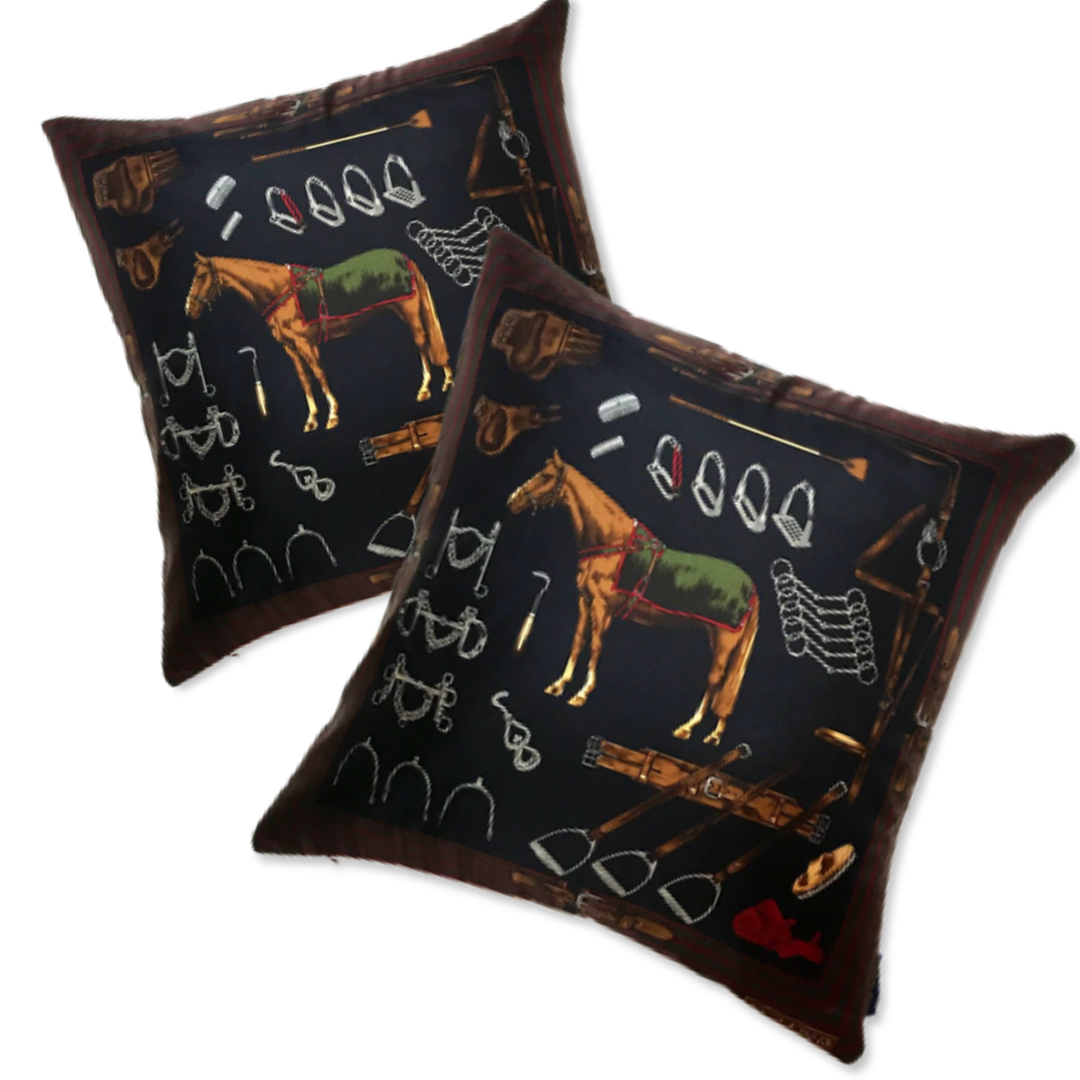 Equestrian Navy Vintage Silk Scarf Pillow 22"