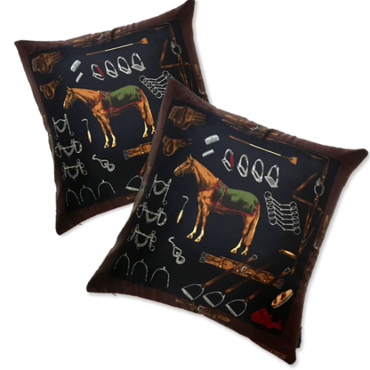Equestrian Navy Vintage Silk Scarf Pillow 22"