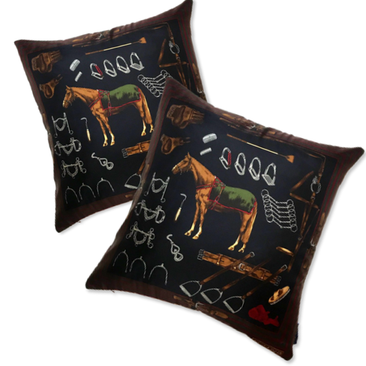Equestrian Navy Vintage Silk Scarf Pillow 22"