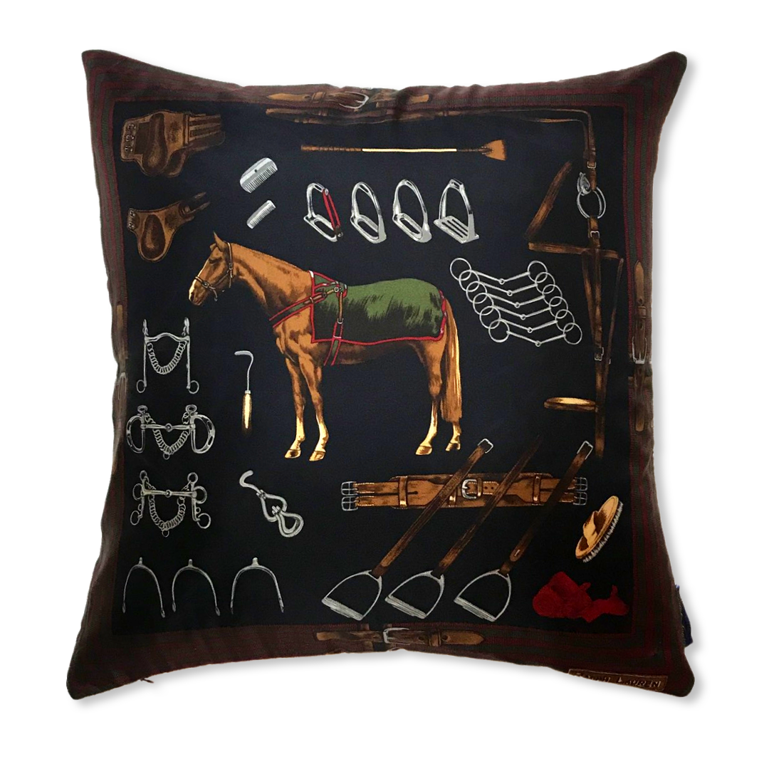 Equestrian Navy Vintage Silk Scarf Pillow 22"
