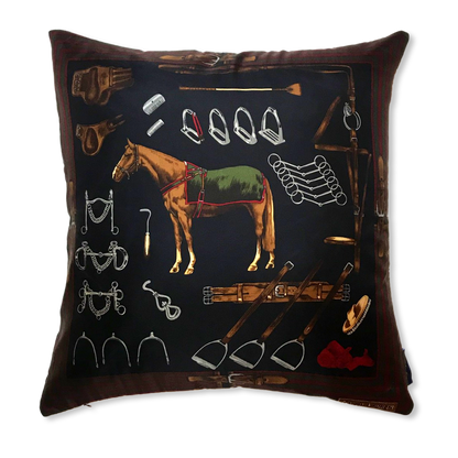 Equestrian Navy Vintage Silk Scarf Pillow 22"