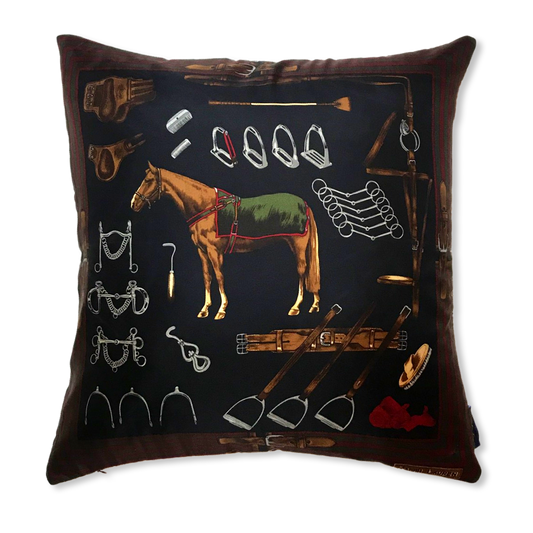Equestrian Navy Vintage Silk Scarf Pillow 22"