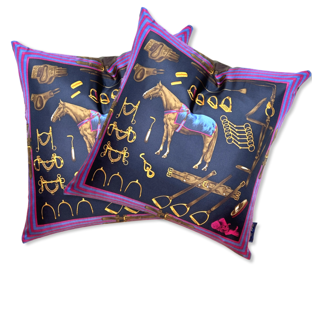 Equestrian Navy Vintage Silk Scarf Pillows 22"