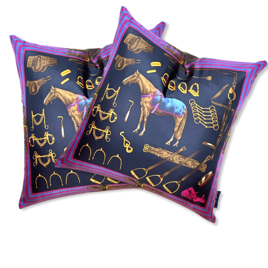 Equestrian Navy Vintage Silk Scarf Pillows 22"