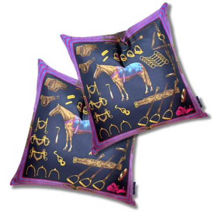 Equestrian Navy Vintage Silk Scarf Pillows 22"