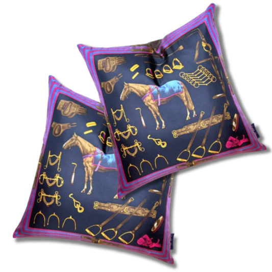 Equestrian Navy Vintage Silk Scarf Pillows 22"