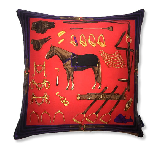 Equestrian Red Vintage Silk Scarf Pillow 22"