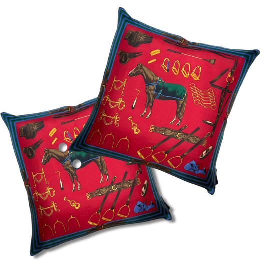 Equestrian Red Vintage Silk Scarf Pillows 22"