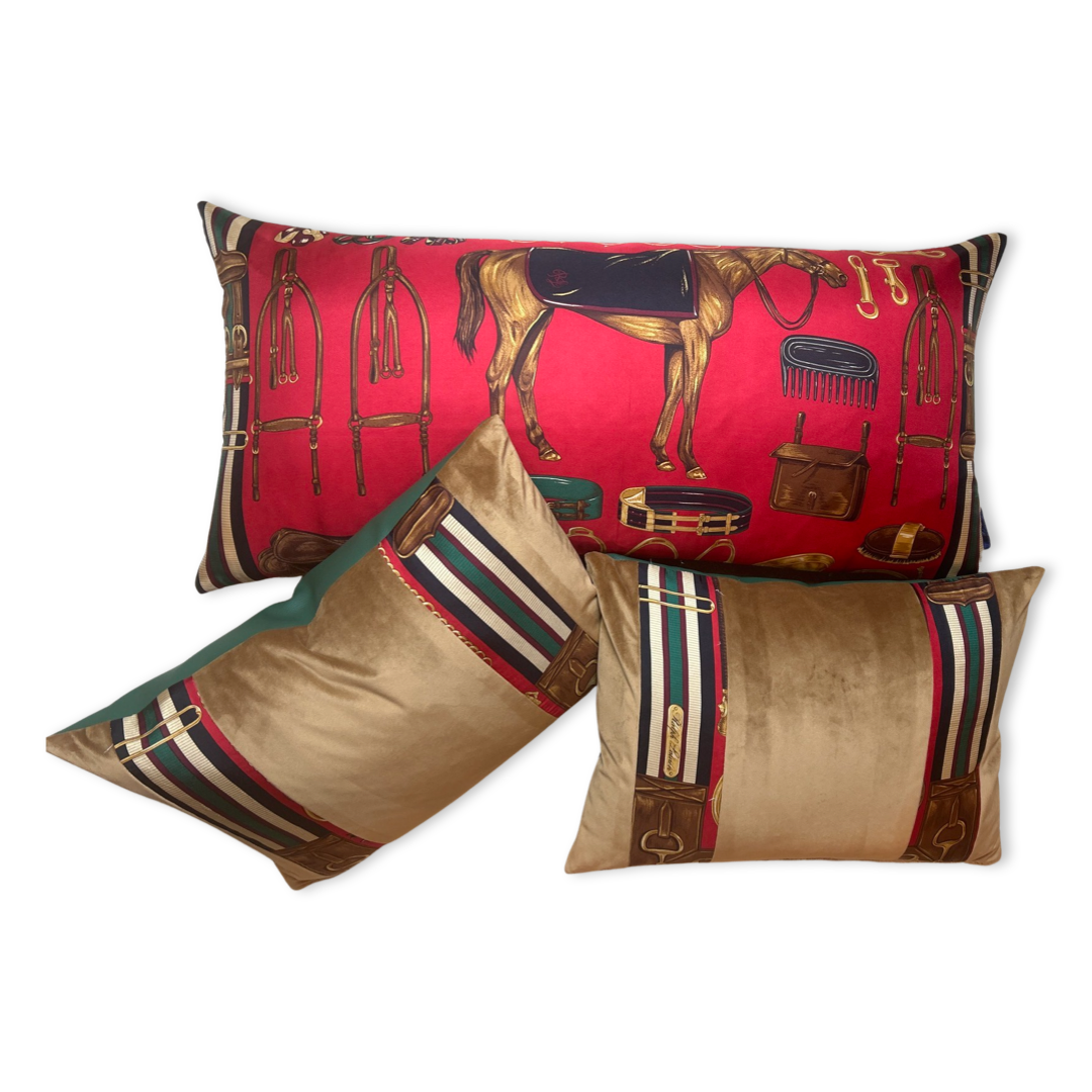 Equestrian Red Vintage Silk Scarf Pillows