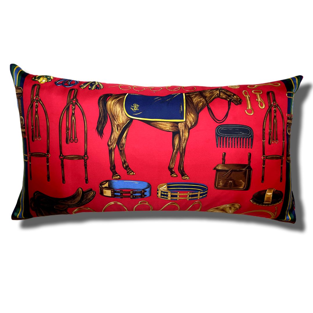 Equestrian Vintage Silk Scarf Lumbar Pillow 35"