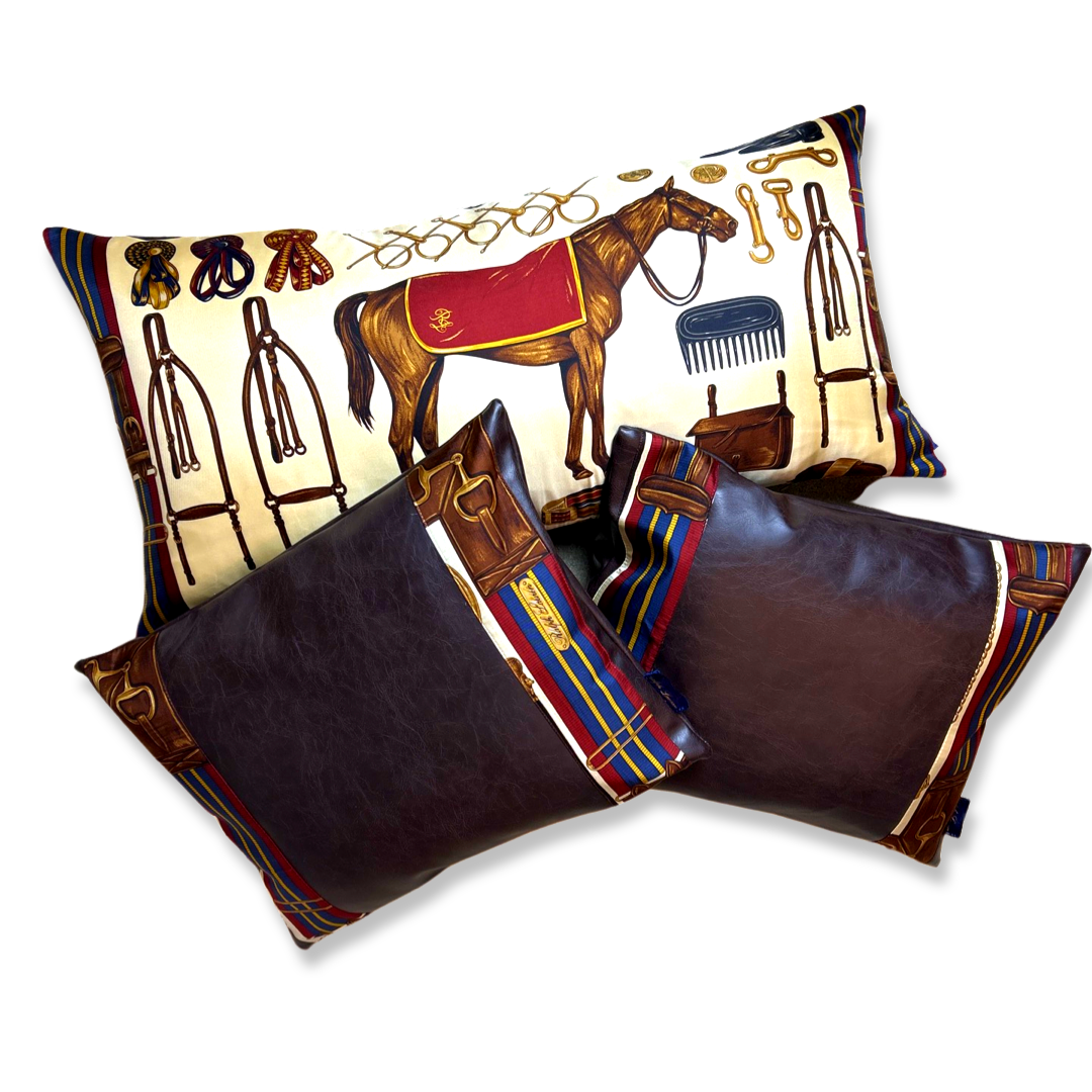 Equestrian Beige Vintage Silk Scarf Pillows