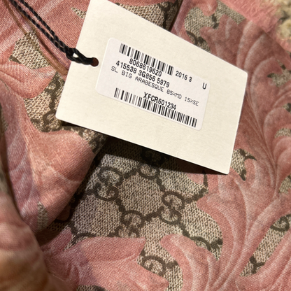 GG Logo Arabesque Pink Vintage Silk Scarf Coffee Run Keychain Bag