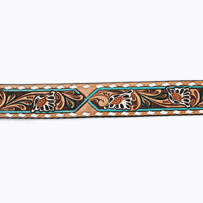 Tooled Leather Belt - White Daisy Floral with Teal Diamond Accents