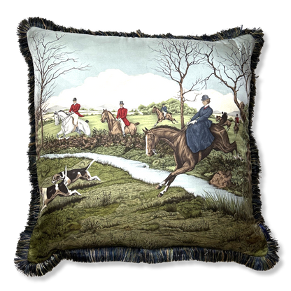 Fox Hunt Equestrian Tartan Vintage Silk Scarf Pillow 28"