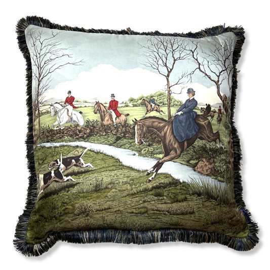 Fox Hunt Equestrian Tartan Vintage Silk Scarf Pillow 28"