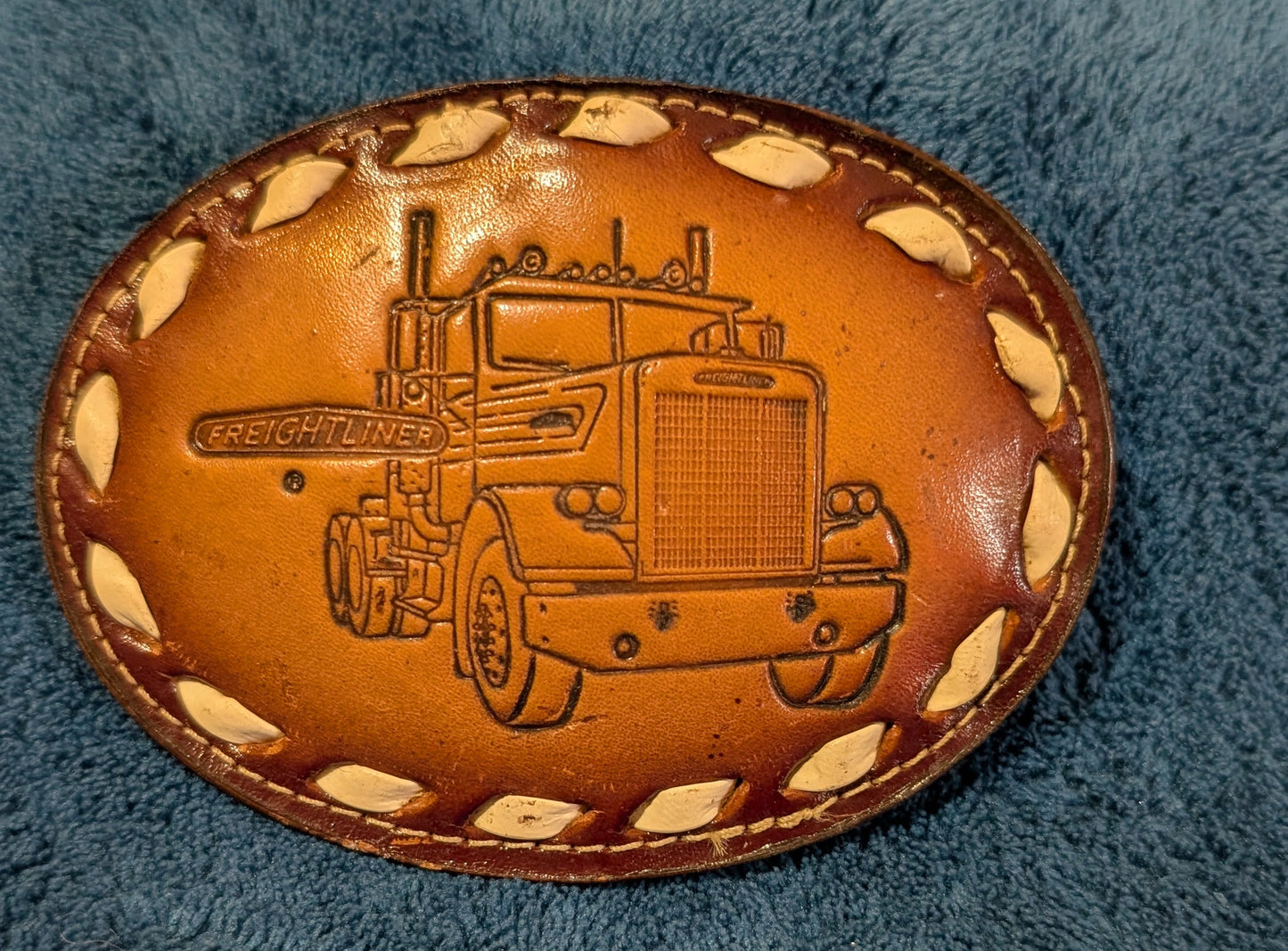 Vintage Freightliner Semi Truck Genuine Leather Belt Buckle with Buckstitch Border