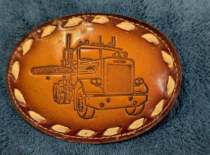 Vintage Freightliner Semi Truck Genuine Leather Belt Buckle with Buckstitch Border