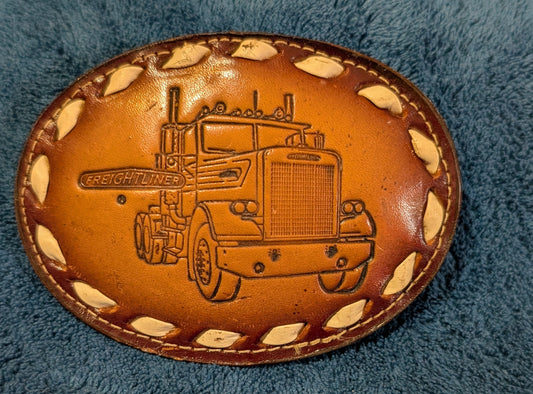 Vintage Freightliner Semi Truck Genuine Leather Belt Buckle with Buckstitch Border
