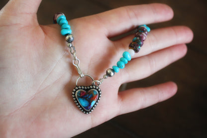 Pink Dahlia Turquoise heart on a Kingman and Pink Dahlia beaded chain