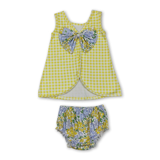 Sleeveless yellow plaid top floral bummies baby girls set