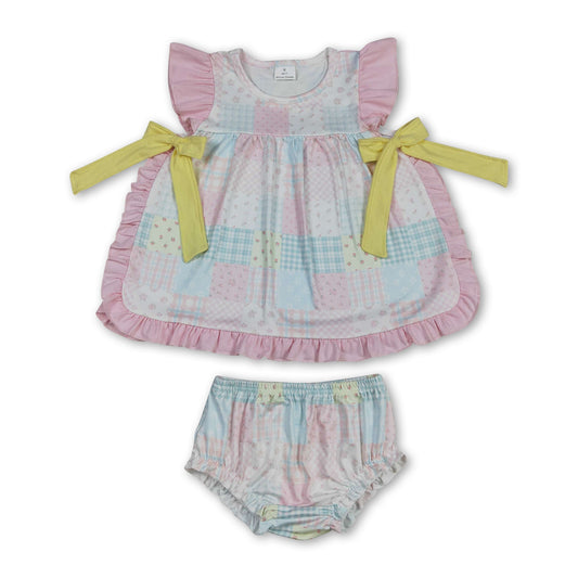 Pink flutter sleeves floral bow tunic bummies girls outfits