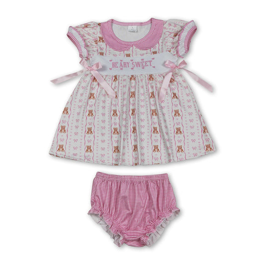 Sleeveless bear bow sweet baby girls  bummies set