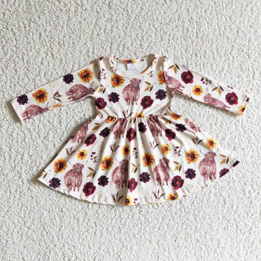 Highland cow floral long sleeves baby girls twirl dresses