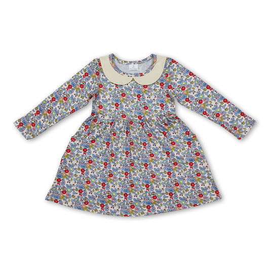 Long sleeves blue floral baby girls dresses