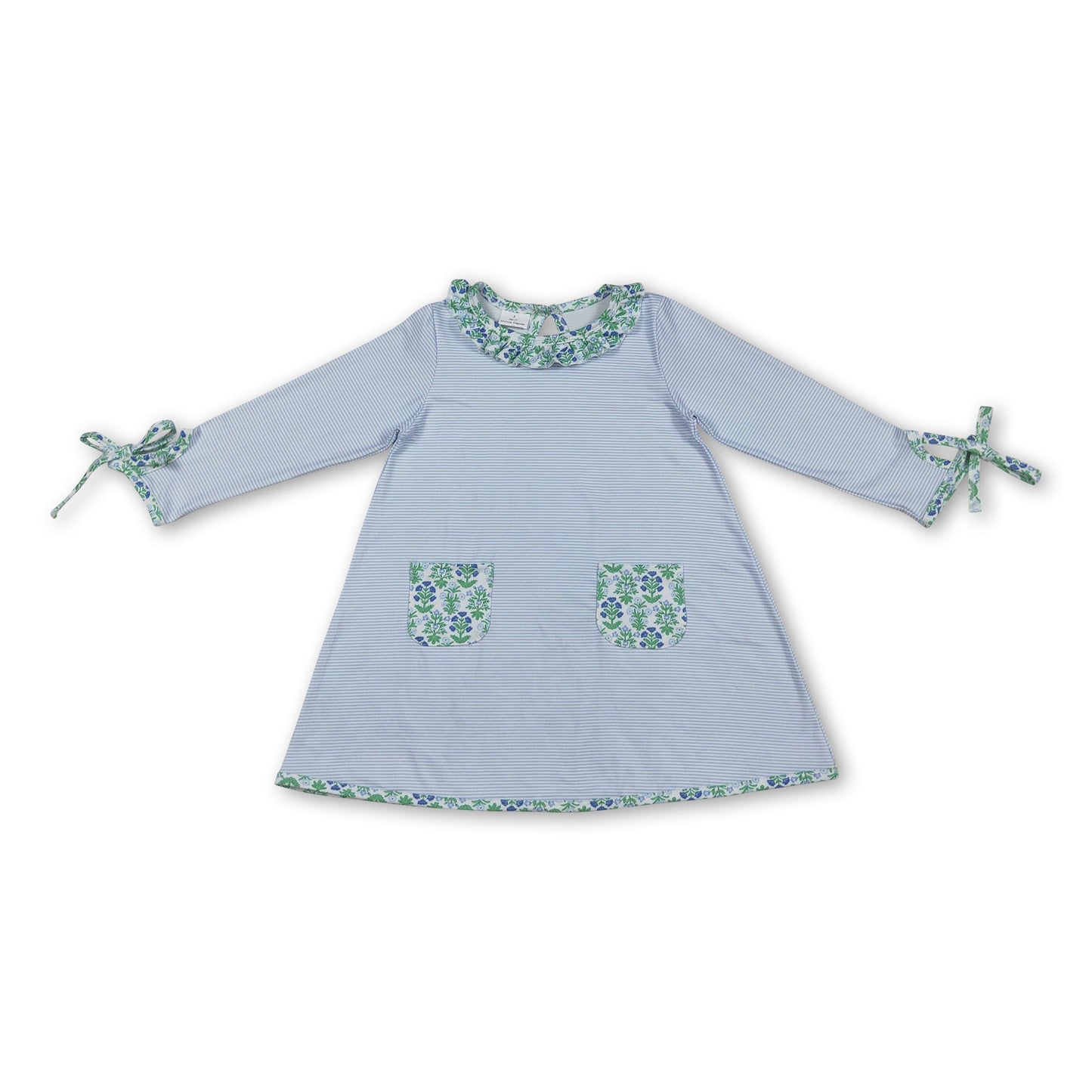 Light blue stripe floral pockets baby girls dresses