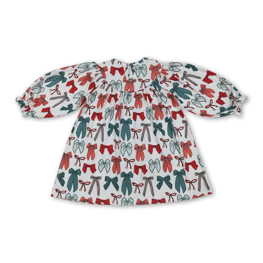 Red green bow long sleeves girls Christmas dress