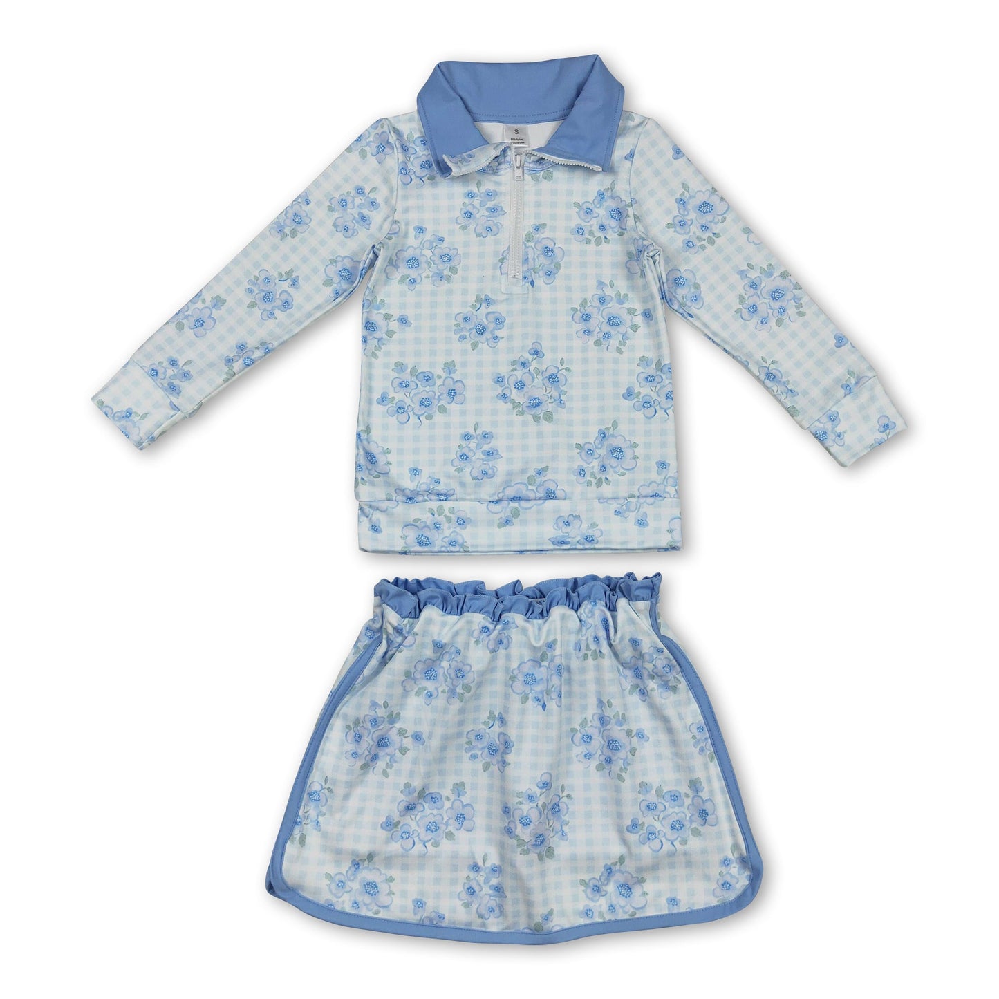 Long sleeves light blue floral pullover skirt girls clothes