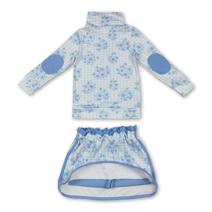 Long sleeves light blue floral pullover skirt girls clothes