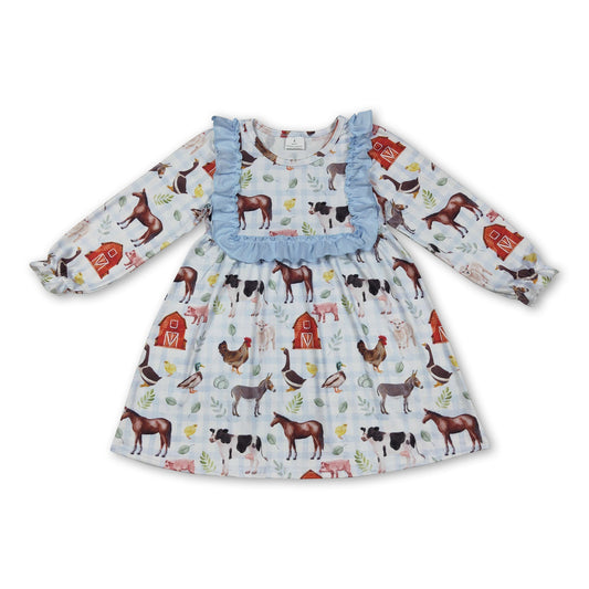 Light blue ruffle long sleeves plaid farm girls dresses