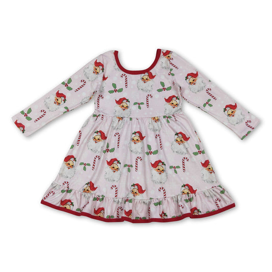 Long sleeves santa candy cane ruffle girls Christmas dresses