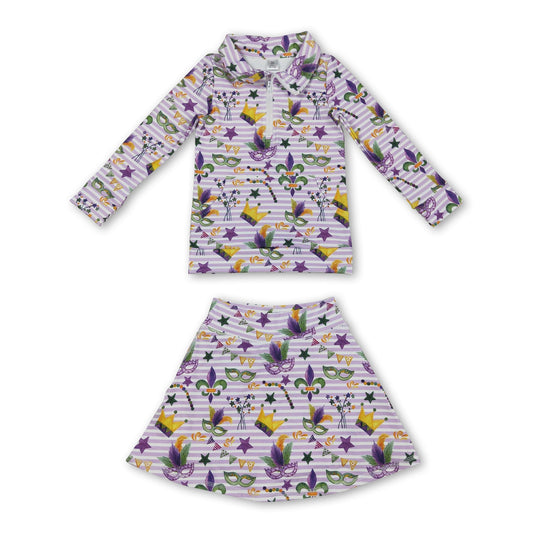 Purple stripe crown pullover skirt girls Mardi Gras active set