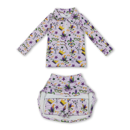 Purple stripe crown pullover skirt girls Mardi Gras active set