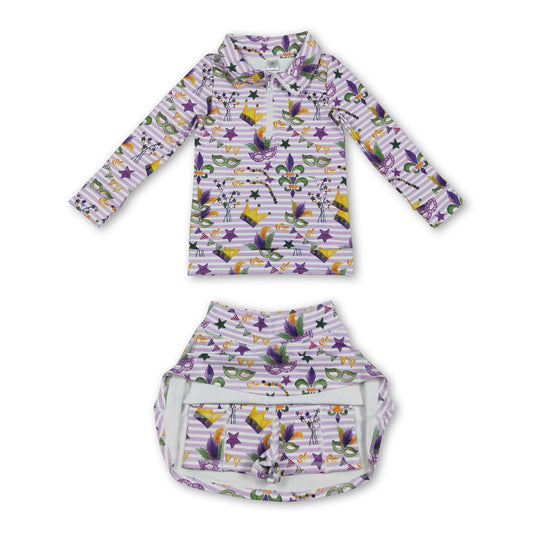 Purple stripe crown pullover skirt girls Mardi Gras active set