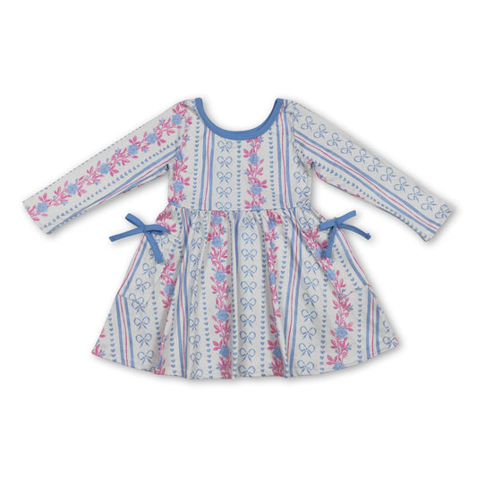 Long sleeves blue bow floral pockets kids girls dresses