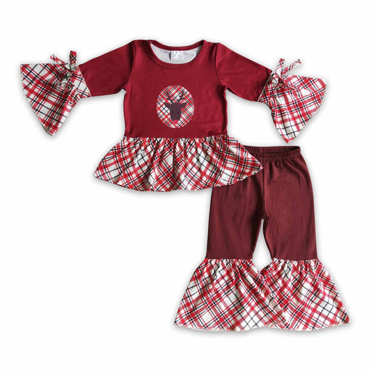 Reindeer print peplum bell bottom pants girls Christmas outfits