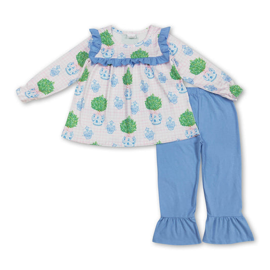 Pink plaid blue bow ruffle tunic pants girls clothes