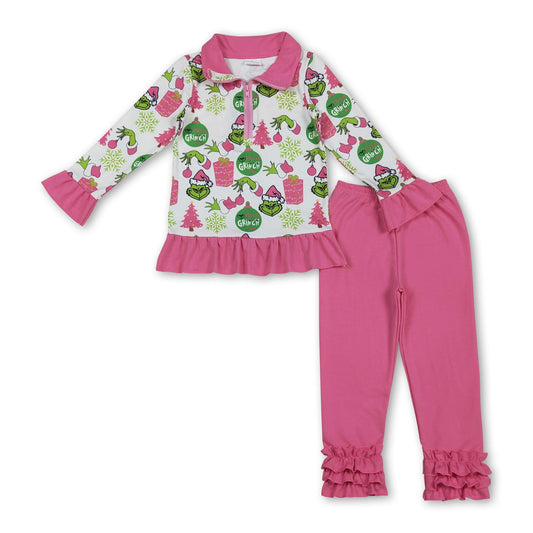 Gift green face zip pullover leggings girls Christmas pajamas