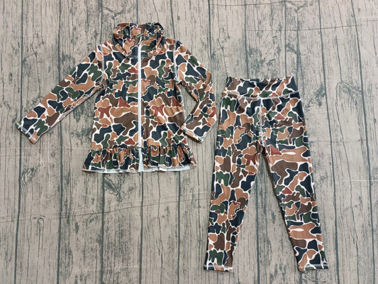 Long sleeves brown camo ruffle top leggings girls yoga set