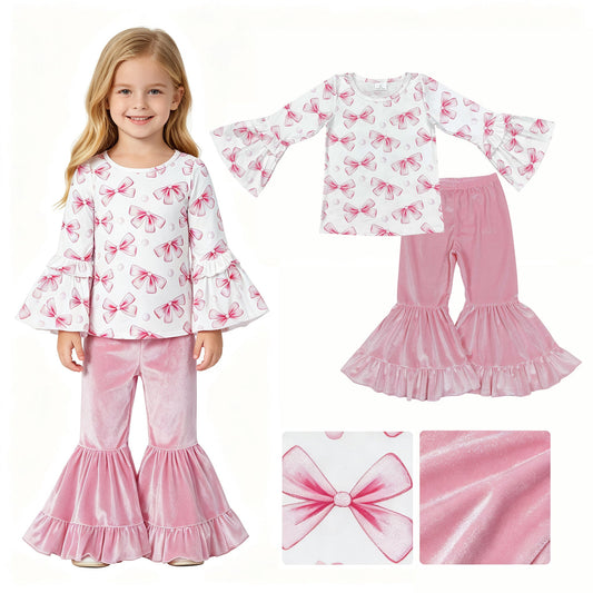 Long sleeves pink bow top velvet pants girls outfits
