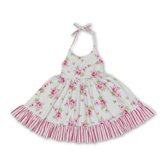 Pink floral stripe girls summer halter dresses