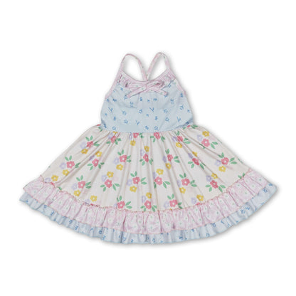 Straps beige floral ruffle girls summer dresses