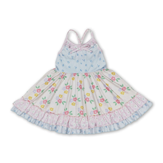 Straps beige floral ruffle girls summer dresses