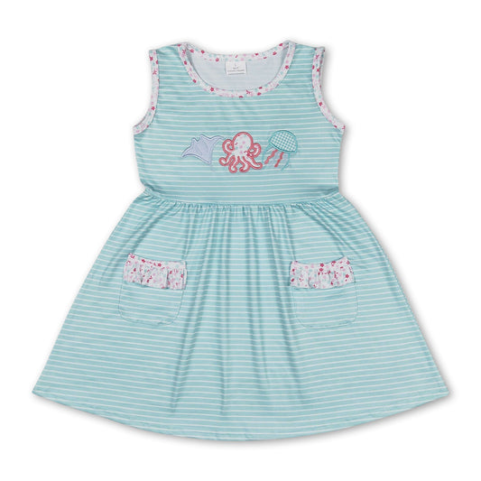 Sleeveless stripe pockets octopus baby girls summer dress